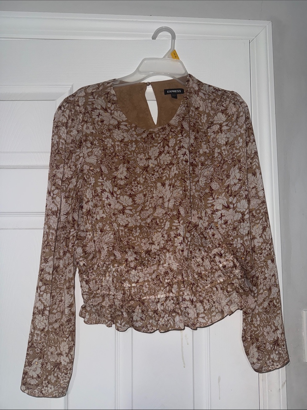 Express Brown Floral Ruffle-Hem Long-Sleeve Blouse
